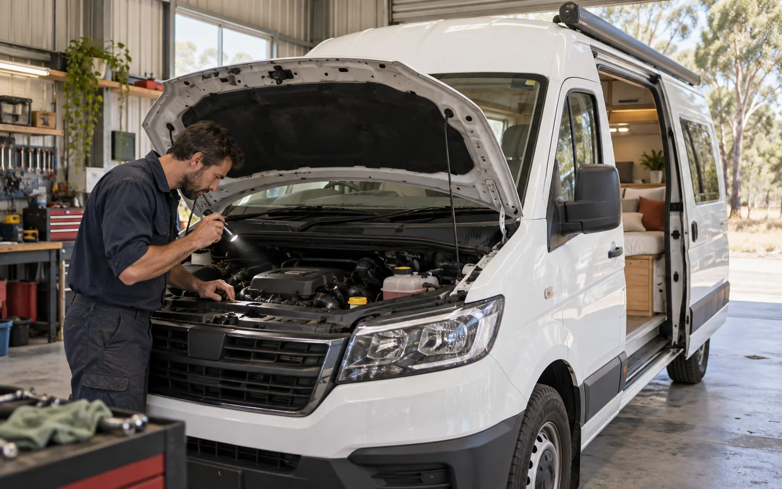 Un mécanicien examine le moteur d’un van aménagé blanc, capot ouvert, dans un atelier.