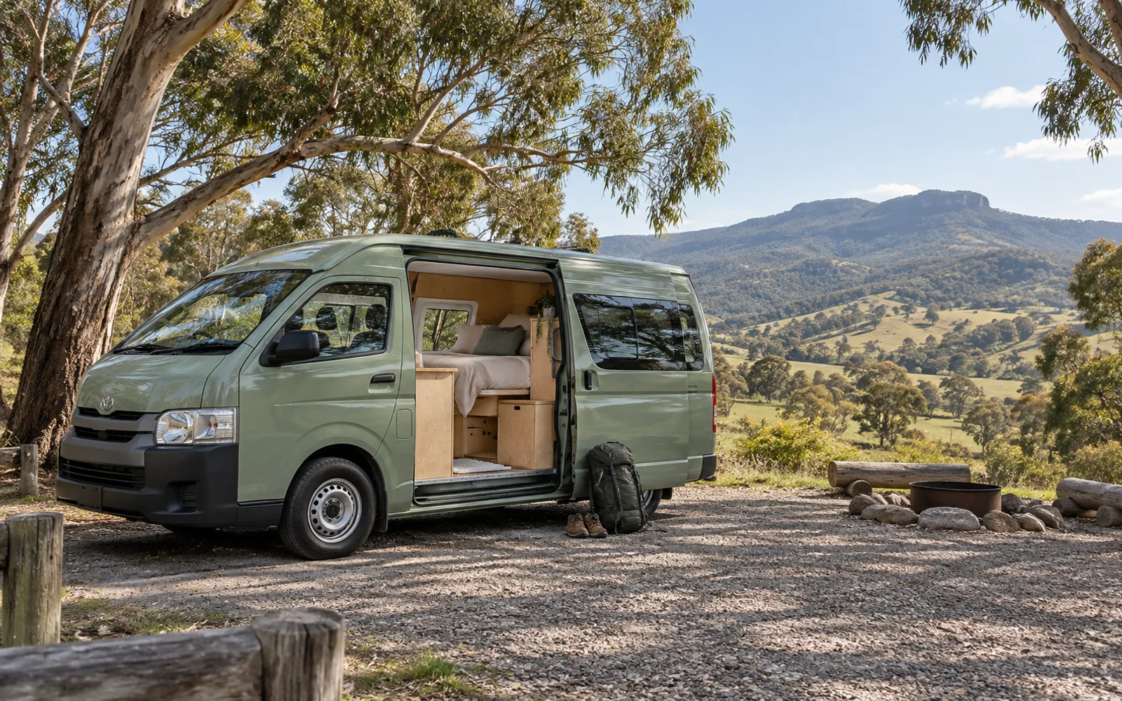 Van aménagé vert sauge, porte latérale ouverte sur un intérieur en bois, dans un camping arboré en Australie.