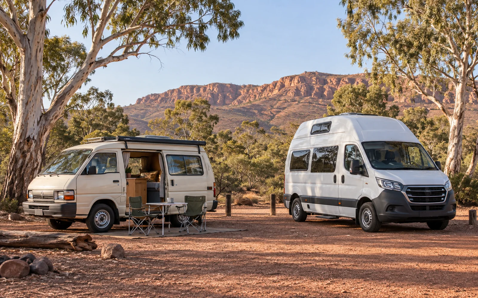 Deux vans aménagés, l’un compact et l’autre à toit haut, stationnés sous des eucalyptus dans l’Outback australien.
